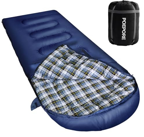 POEPORE Flanell Schlafsack Baumwolle 0 Grad kaltes Wetter für Erwachsene XXL tragbarer Schlafsack 4 Jahreszeiten wasserdicht mit Kompressionssack BLUE_L