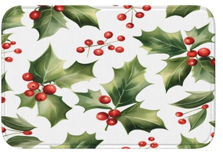 Felpudos de Navidad, hojas de acebo, bayas, antideslizante, absorbente, 23.6 x 15.7 pulgadas, tapete de bienvenida para interiores y exteriores