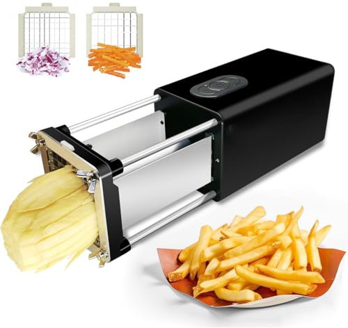 GAYAYAS Elektrischer Pommes-Frites-Schneider, vertikaler Pommes-Frites-Schneider aus Edelstahl, automatische Kartoffelschneidemaschine mit 1/2 & 3/8 Zoll Edelstahlklingen für Gurken, Karotten,Black