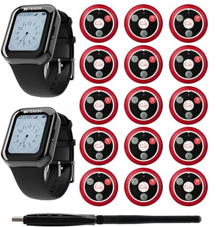 Retekess TD113-TD117 Bipeur Restaurant Server, Système D'appel sans Fil, IPX67 étanche, Longue Durée de Veille,11 Cadrans Différents,2 Horloges 15 Boutons D'appel pour Restaurant, Serveuse