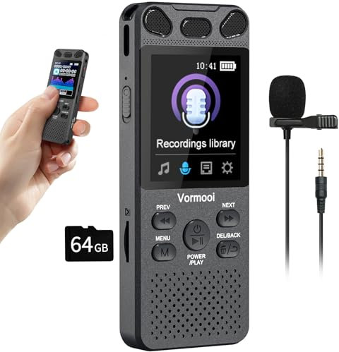 96GB Registratore Vocale Digitale 110 ore Registratore Audio Professionale con 2,15 Schermo Colori & Microfono Esterno, Vormooi Registratore MP3 Portatile con Attivazione Vocale per Lezioni Riunioni