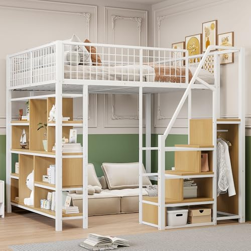 Merax Métal Lit Mezzanine 140 x 200 cm avec Étagère, Multifonctionnel Lit Mezzanine 2 Place avec Espace de Stockage, pour Enfant, Blanc (sans Matelas)