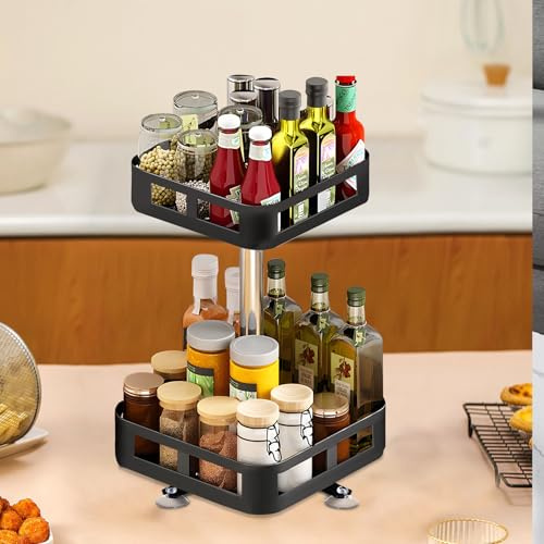 2 Étages Porte-Épices Rotatif à 360, Plateau Tournant Epices, Porte Epices Cuisine Rotatif, Etagere Epices Rotative En Métal Réglable En Hauteur, Carrousel à Épices Pour Salle De Bain, Chambre
