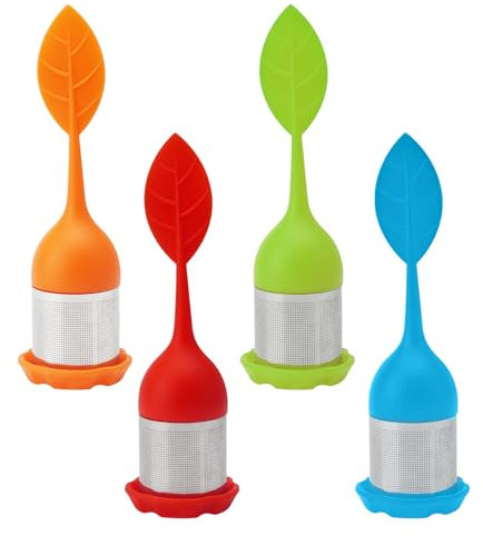 APOMOONS 4 infusores de té de acero inoxidable y silicona, colador de té con tapa y platillo, bola de té, filtro fino para los amantes del té (04 unidades, hojas 2 verde/naranja/azul/rojo)