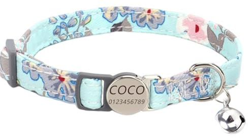 Katzenhalsband Haustierhalsband mit Gravur, personalisiertes Katzen- und Hundehalsband mit Sicherheitsverschluss, Halsbänder mit Glöckchen für Katzenjungen mädchen (Blaues Maiglöckchen)