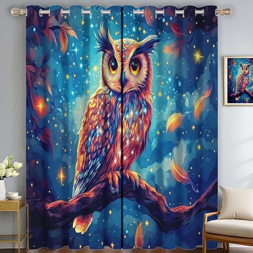Thermovorhang Kälteschutz 2er Set H200 x B140 cm Schlafzimmer Gardinen Blickdicht Blau Verdunklungsvorhänge mit Ösen Verträumte Eule Nachtfedern Thermal Blackout Vorhang Wärmeisolierend