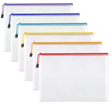 A4 Plastic Zip Wallets - 6PCS A4 Zip Lock Bags, Waterproof File Folders for School/Office Travel, Receipts Storage, Cosmetics, Cross Stitch, Puzzles & Games (A4-6Pcs)
