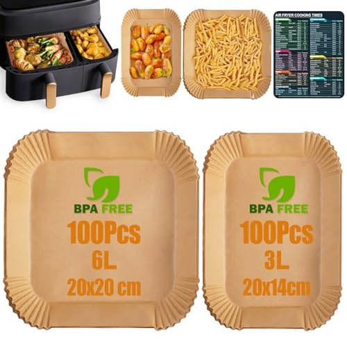 200 stycken bakpapper för varmluftsfritös 6 L/3 L, non-stick engångsskålar airfryer bakpapper 20 x 20 cm och 20 x 14 cm, tillbehör för varmluftsfritös för Tefal Dual Easy Fry XXL