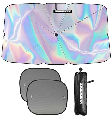 Sonnenschutz Auto 3 Stück, Frontscheibe Sonnenschirm + 2 Sonnenblende für Seitenscheibe mit Saugnapf, Faltbare Irisierende Innen UV-Schutz Hitzeschutz mit 360° Drehbar Griff