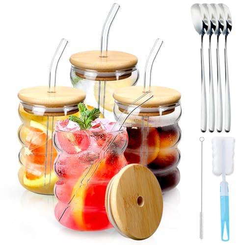 DIYJEP 4 Pcs Drinking Glasses with Bamboo Lids and Glass Straws Cocktail Spoons Set, Wave Shaped Glass Cups,Transparent Cocktail Glasses, 350ml/12.3oz Smoothie Cup for Iced coffee Water Juice Soda