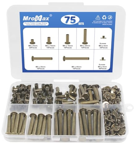 150Pcs (75 Pair) M5 x 6/10/15/25/35/45 Bronze Phillips Chicago Screws, Binding Screw Posts,Scrapbook Photo Albums Binding Screws Assorted Kit 6 Sizes for for Leather Saddles, Purses, Belt Repair