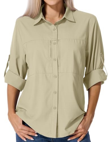 Asfixiado Shirts - Maglietta da donna UV UPF 50+ Safari, da trekking, per attività all'aria aperta, traspirante, ad asciugatura rapida, a maniche lunghe, cachi, S