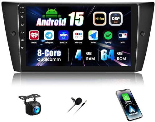 4+64G Android 15, CAMECHO Qualcomm 8 Núcleos Android Autoradio para BMW E90/E92/E93 2005-2012, Radio Bluetooth con Wireless Carplay Auto DSP WiFi GPS FM/RDS con Cámara Trasera 1280 * 720 IPS Pantalla