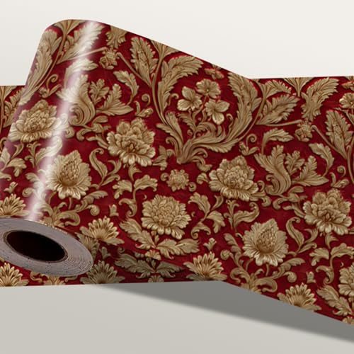 IOHEFY Red Gold Floral Wallpaper Border 196x4 Inch Peel and Stick Wall Border Self Adhesive Vintage Baroque Removable Vinyl Trim for Living Room Bedroom Bathroom Kitchen Cabinet Decoration