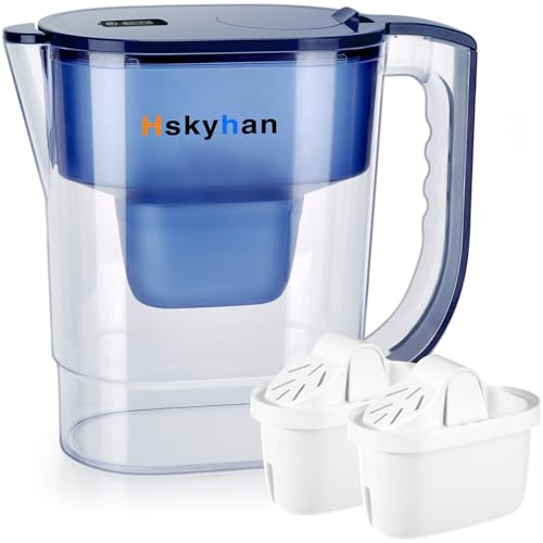 Hskyhan Water Filter Pitcher - 3.8 Liters, 2 Long Lasting Filters Included, Replacement Cartridge Timer, 7 Stage Filtration, Reduces Lead, Fluoride, Chlorine and More, Blue