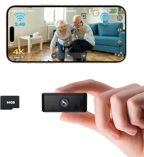 UCOCARE Mini Camara Cigilancia WiFi Interior/Exterior, Funciona con o sin WiFi, Mini Camara Espia, Videovigilancia sin Internet con Tarjeta TF de 64GB, Vision Nocturna, Soporte Magnéti(Negro)