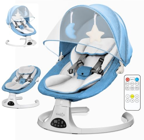 Baby Bouncer, Portable Electric Baby Swing with Bluetooth, 5 Swing Speed, 3-Stage Timer, 5-Point Harness, Remote Control & Touch Panel, Bouncer from Birth with 2 Soft Toys & Soft Pillow (Blue)