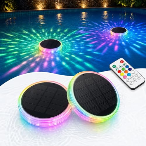 Irishom 2 Stück Solar Schwimmende Poolbeleuchtung mit Fernbedienung, RGB Farbwechsel LED Pool Licht IPX7 Wasserdicht, 16 Modi Teichbeleuchtung Solar für Pool Gartenteich Badewanne Party Außen
