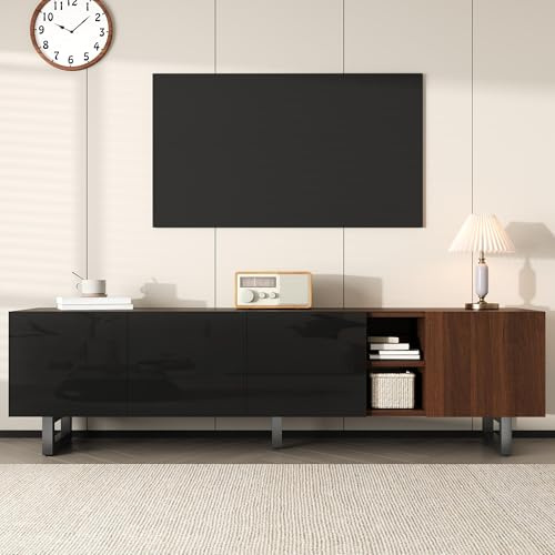 RAPRAP 180cm TV Schrank Holz Hochglanz Schwarz & Holzmaserung, Moderner TV Lowboard Stehend mit Grifflosem Design, Lowboard Holz mit 2 Türen & Offenen Fächern, Fernsehschrank Stabil & Hochwertig,P