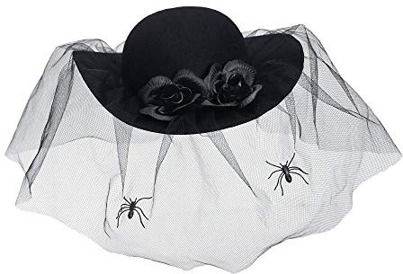 W WIDMANN MILANO Party Fashion 68578 - Hut der Schwarzen Witwe, verziert mit Rosen, Schleier und Spinnen, Schwarz, Hut, Accessoire, Zubehör, Karneval, Halloween, Mottoparty