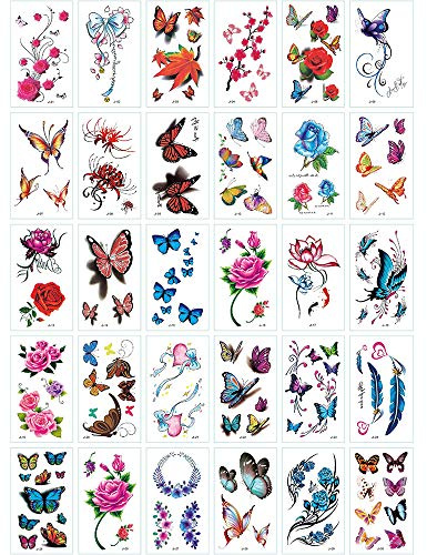Yesallwas 30 Sheets cute Temporary Tattoo Sticker Fake Tattoos for Women Models,Waterproof Long Lasting Body Art Makeup Realistic Tattoos -Butterflies, Rose, Flowers