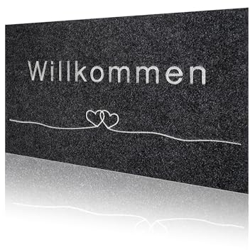 Majo Lifestyle und Home® Fußmatte rutschfest waschbar Flur-Matte dünne Haustür-Matte, Schmutzfangmatte für innen und außen, Fussabtreter Eingangsbereich (ANTHRAZIT WILLKOMMEN, 40x60 cm)