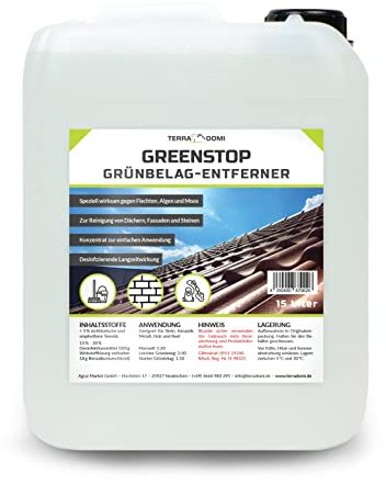 TerraDomi 15 Liter Greenstop für 4500m² Hochkonzentrat I Grünbelagentferner gegen Flechten und Algen I für Dach, Steine, Holz und Fassade I Langzeitschutz | Grünbelag Entferner …