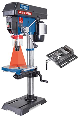 Scheppach Profi Säulenbohrmaschine DP18Vario inkl. Schraubstock (550 W, Gusseisen-Konstruktion, stufenlose Drehzahlregulierung, Bohrfutter 16mm, Laser, LED, inkl. Tischverbreiterung)