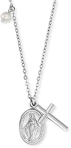 Engelsrufer Damen Halskette aus Sterling Silber mit Kreuz und Maria Symbol und Muschelperlen Anhänger - Karabinerverschluss - in zwei Längen verstellbar - nickelfrei
