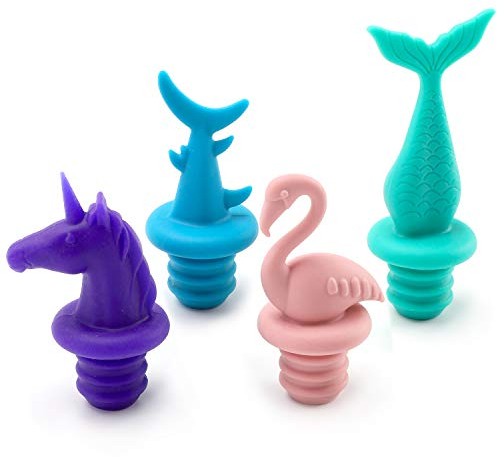 CUISENSE Animal-Shaped Silicone Wine Bottle Stoppers Set of 4, Unicorn, Shark, Mermaid, Flamingo, Blue, Green, Pink, Purple