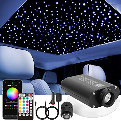 CHINLY 16W 300pcs 0.03in 9.8ft Car Use Bluetooth RGBW LED Fiber Optic APP&Remote Music Mode Starlight Headliner Light Kit+Adapter+Cigarette Lighter