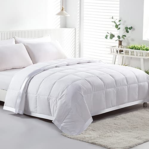 APSMILE Lightweight Down Feather Fibers Blanket, Summer Cooling Down Feather Fibers Comforter Twin Size, Ultra-Soft Breathable Thin Bed Quilt Duvet with Satin Trim(Twin, Cream White)