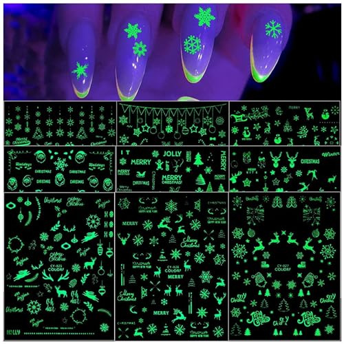 Kalolary 9 Blatt Luminous Nail Art Sticker, Weihnachten Selbstklebend Nagelaufkleber Leuchten im Dunkeln Nageldesign 3D Nagelsticker für Damen Mädchen Nagelspitzen Dekoration