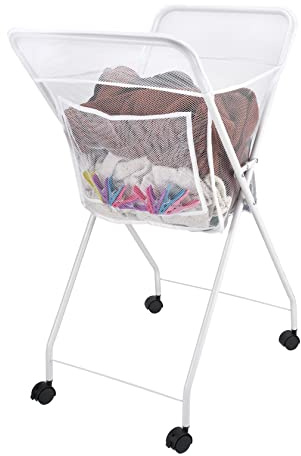 No Bend Laundry Basket on Wheels - Lightweight Foldable Washing Trolley - Space Saving for Easy Storage - Holds up to 14KG - Lockable Wheels - White