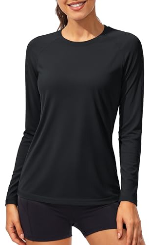 TACVASEN Mujeres Tops de Corriendo Manga Larga Tops con UV Verano Camisetas Protección Solar UPF Camisetas de Caminar Top de Trabajo Al Aire Libre Peso Ligero Base Layer Negro