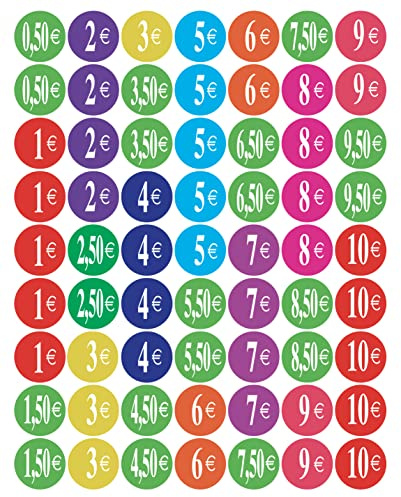 Affichesstore 30258 – Set mit 315 Aufklebern, 5 Bögen mit 63 Etiketten, rund, 25 mm – verschiedene Preise von 0,50 € bis 10 €