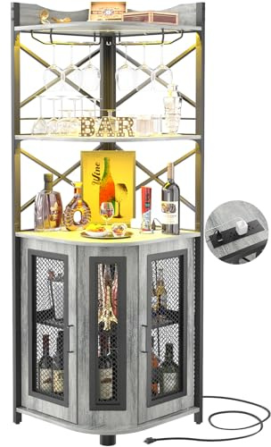 Aheaplus Corner Bar Cabinet with Power Outlet, Industrial Wine Cabinet with LED Strip and Glass Holder, 5-Tiers Liquor Cabinet Bar Unit for Home, Corner Display Cabinet for Small Space, White Oak