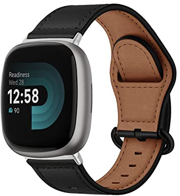 MiRowy Leder Armband Kompatibel mit Fitbit Versa 4/Versa 3 / Fitbit Sense 2/Sense, Uhrenarmband für Damen Herren, Premium Lederband Ersatzband, Schwarz