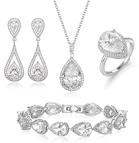 EVER FAITH Zirkonia Schmuckset für Braut Hochzeit Teardrop Statement Anhänger Halskette, Ohrringe, öffnen Ring und Tennis Armband Set Geschenk