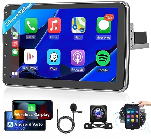 2G+64G Inalámbrico Carplay Android 13 Radio de Coche 1 Din con Android Auto GPS Nave WiFi 10 Pulgadas Giratoria Pantalla Tactil Radio Coche con Mirror Link Bluetooth FM/RDS/HIFI/DAB/SWC Cámara Trasera
