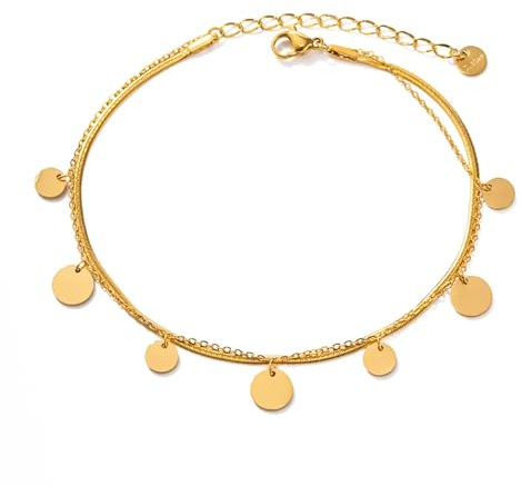 VICKWOOD Fussketten für Frauen 20cm bis 26cm Wasserfest Edelstahl 18K vergoldet Gold/RoseGold/Silber mit Herz/Plättchen Geschenk für Frauen