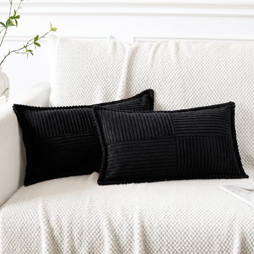 Artscope 2er Set Kordsamt Kissenbezüge Samtkissen Weich Dekokissen Dekorativ Kissenbezug Modern Kissenhülle Umwickelte Kante Sofakissen für Wohnzimmer Schlafzimmer Schwarz, 30x50cm