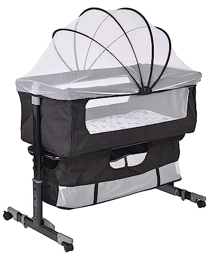 Baiyun Beistellbett Baby, 2 in 1 Babybett und Babywiege, Kinderbett mit Rollen, Moskitonetz, Lagerungstasche und Matratze, Höhenverstellbar Struktur aus Aluminiumlegierung (Modell 3 Schwarz)