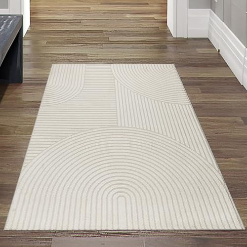 Teppich-Traum Teppich Hoch-Tief gestricheltes Bogenmuster Creme 80x150 cm | Weiche Textur, pflegeleicht, strapazierfähig, fußbodenheizungsgeeignet, Wohnzimmer, Schlafzimmer, Flur