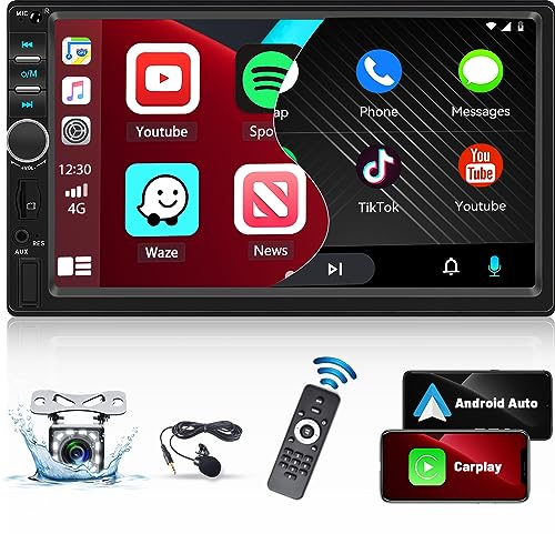 Hikity CarPlay Android Auto Wired, Autoradio Coche 1 DIN, Pantalla Táctil HD de 7, Bluetooth Manos, Libres Mirror, FM Radio, USB SWC AUX TF, Cámara Visión Trasera de 12 LED & Control Remoto
