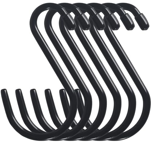 Cozihom 15,2 cm robuste S-Haken mit Vinylbeschichtung, schwarze gummierte S-Haken, extra dicke, rutschfeste Metall-S-Kleiderbügel für Schrank, Garten, Garage, Küche, zum Aufhängen, Schwarz, 6 Stück