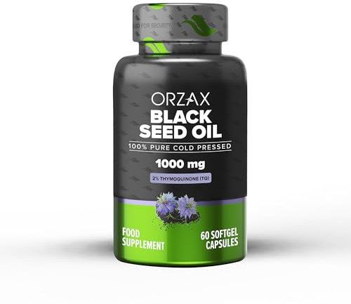 ORZAX Black Seed Oil 1000 mg Cold Pressed Capsules for Hair, Skin, and Joints - Rich in Omega 3 6 9 - Non-GMO, Gluten Free - (60 Soft Gel Capsules)
