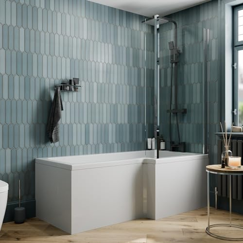 BAYSTONE 1500 x 855mm Right Hand L Shaped Shower Bath Bathtub with Front & End Panel + Chrome Bath Screen