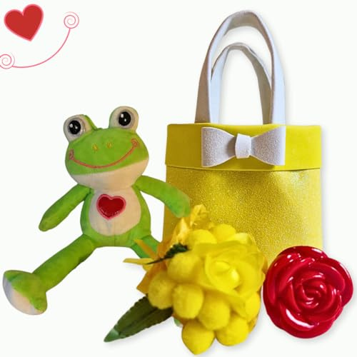 NARAMAKI® Idea Regalo Maestre - Borsetta Gialla + Bouquet Mimosa + Orsacchiotto + Rosa Rossa+ Mimose Artificiali Pasqua 2025 - (Rana)