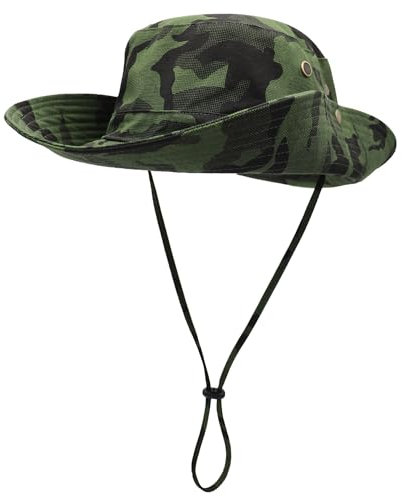 Qiantull Outdoor Sonnenhut aus Baumwolle Unisex Herren Damen UV Schutz Faltbar Sonnenschutz Hut Camouflage Fischerhut Boonie Safari Hut Gartenhut Wanderhut Anglerhut Buschhut (55-62cm) Armeegrün